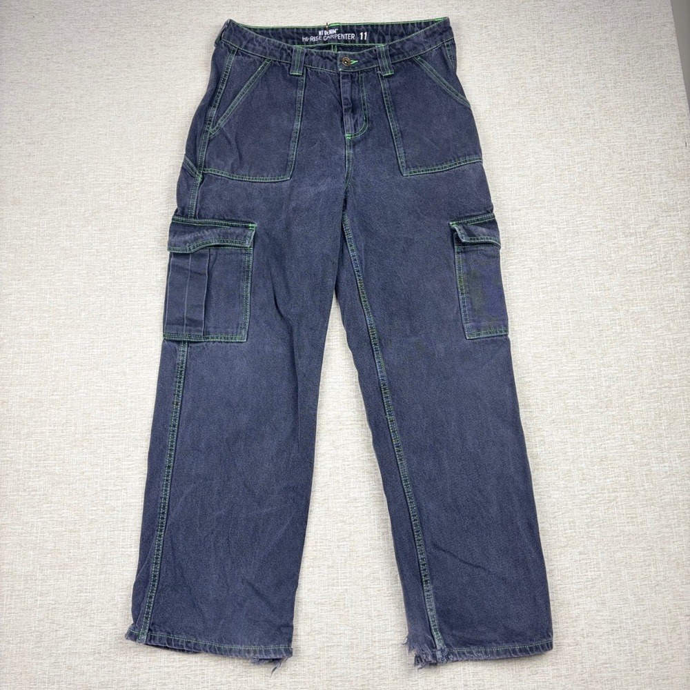 HT Denim Mens Hi-Rise Carpenter Pants Gray Neon Green Stitch Y2K Cargo 32x28